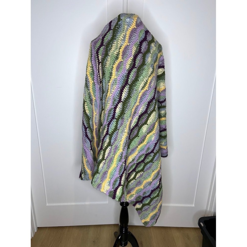 Handmade Crochet Throw Blanket Wavy Ripple Afghan Purple Green Yellow 48x56